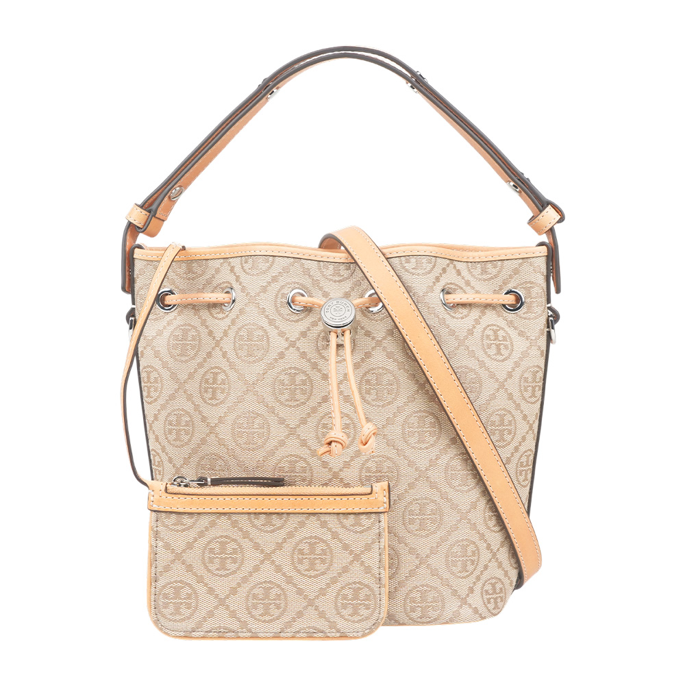 TORY BURCH T Monogram 帆布及皮革二用水桶包(亞麻色)