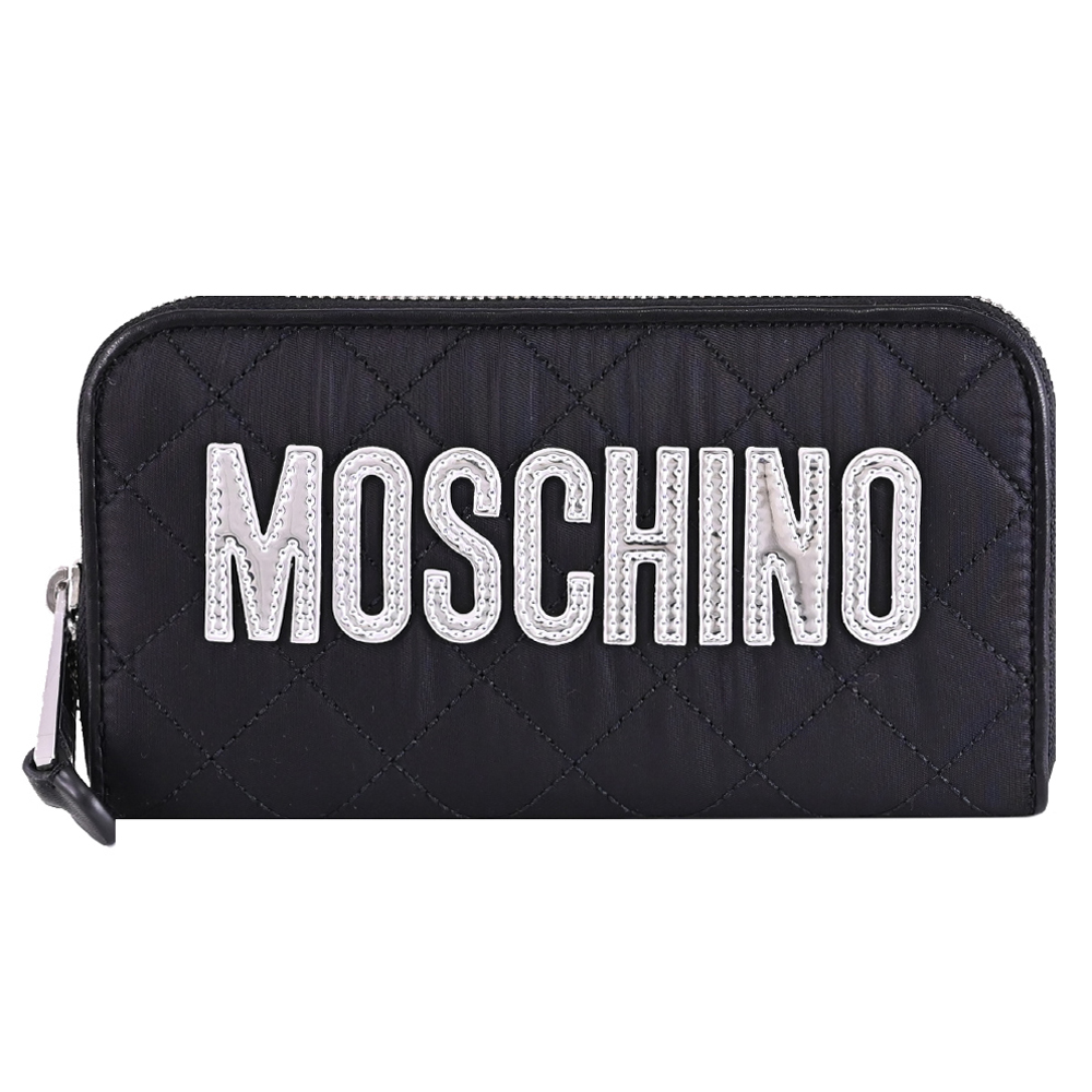 MOSCHINO 亮銀LOGO尼龍菱格紋絎縫拉鍊長夾.黑