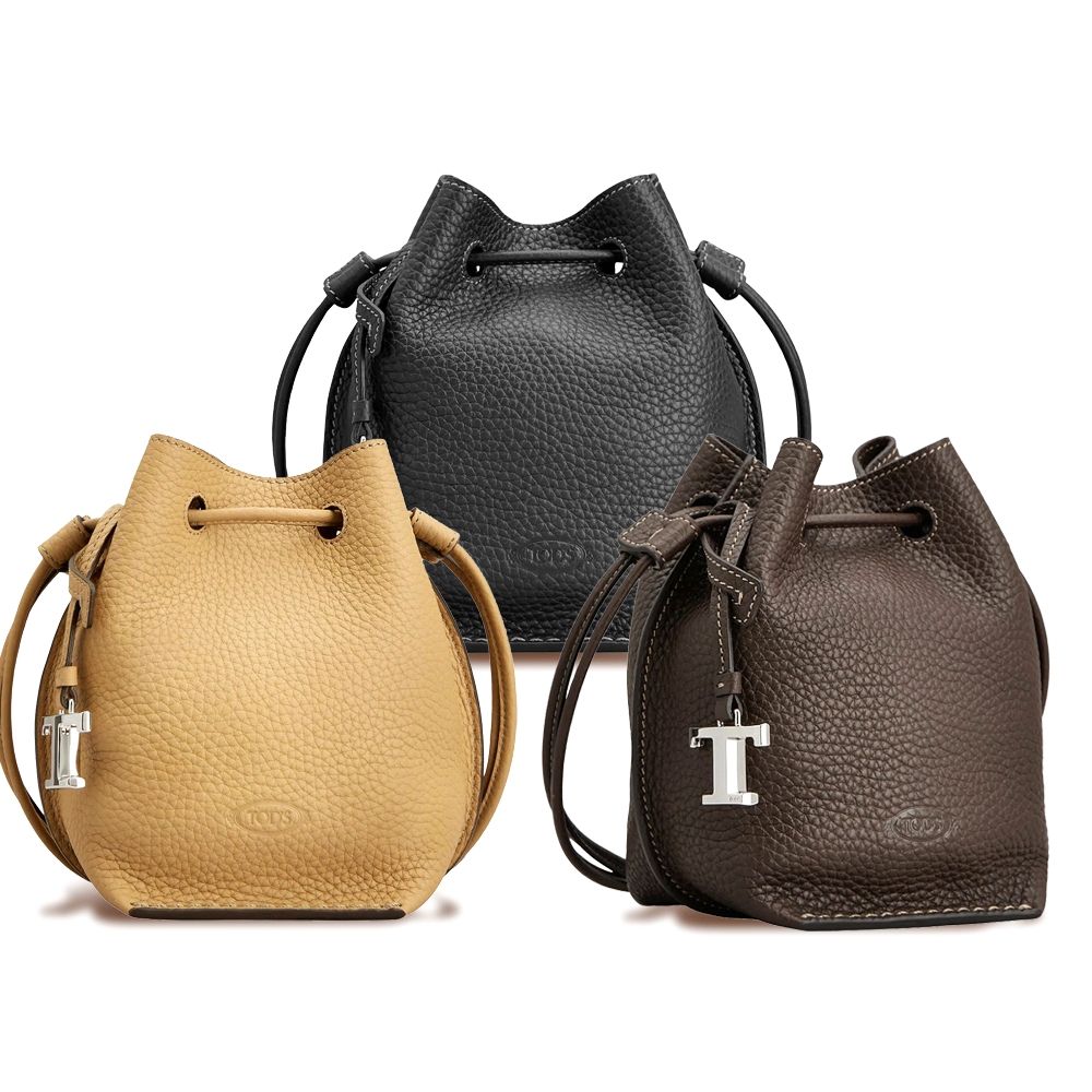TOD'S T字吊飾 荔紋牛皮斜背水桶包-3色可選(肩背 真皮 義大利精品)