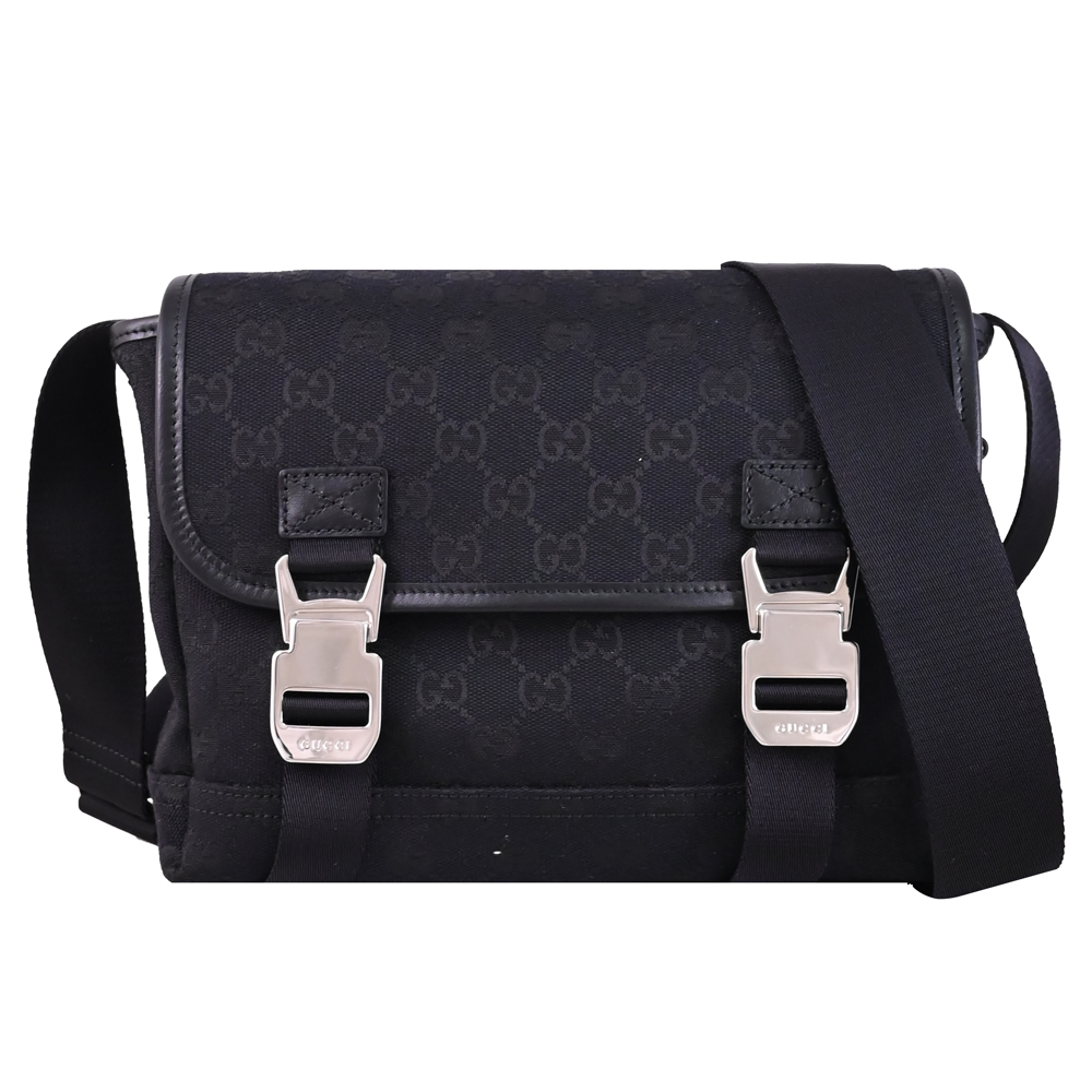 GUCCI 古馳 GG Monogram 帆布翻蓋斜背郵差包.黑
