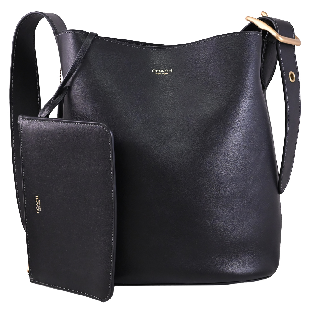 COACH 蔻馳 BLEECKER 燙金LOGO皮革斜背水桶包.黑