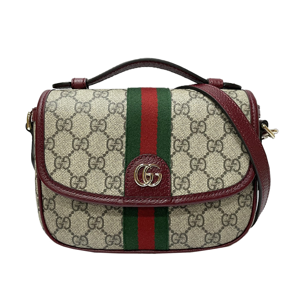 GUCCI 古馳 836843 經典ophidia系列帆布皮革飾邊小號翻蓋肩背/斜背包(酒紅x棕色)