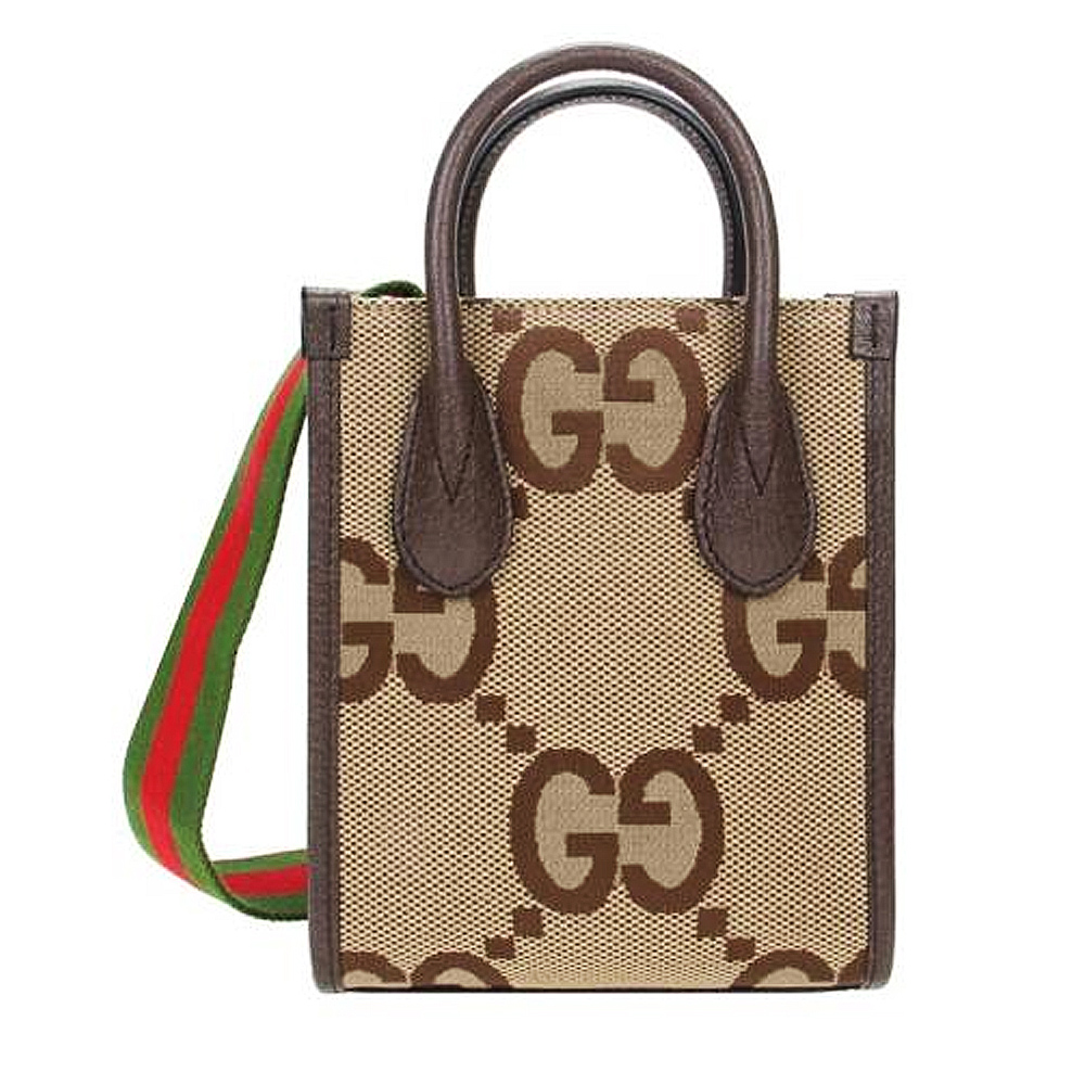 GUCCI 古馳 699406 新款Jumbo系列綠紅綠寬背帶迷你中性款手提/單肩/斜背手機兩用包(棕色)