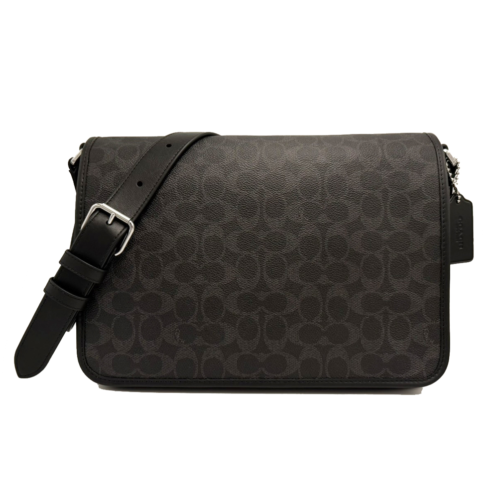 COACH 蔻馳 C LOGO掀蓋男中性款兩用肩背郵差斜背包(黑灰)