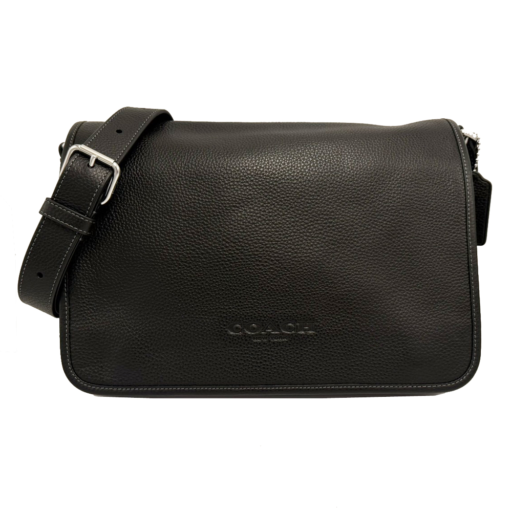 COACH 蔻馳 【COACH】素面牛皮掀蓋男中性款兩用肩背郵差斜背包(黑)