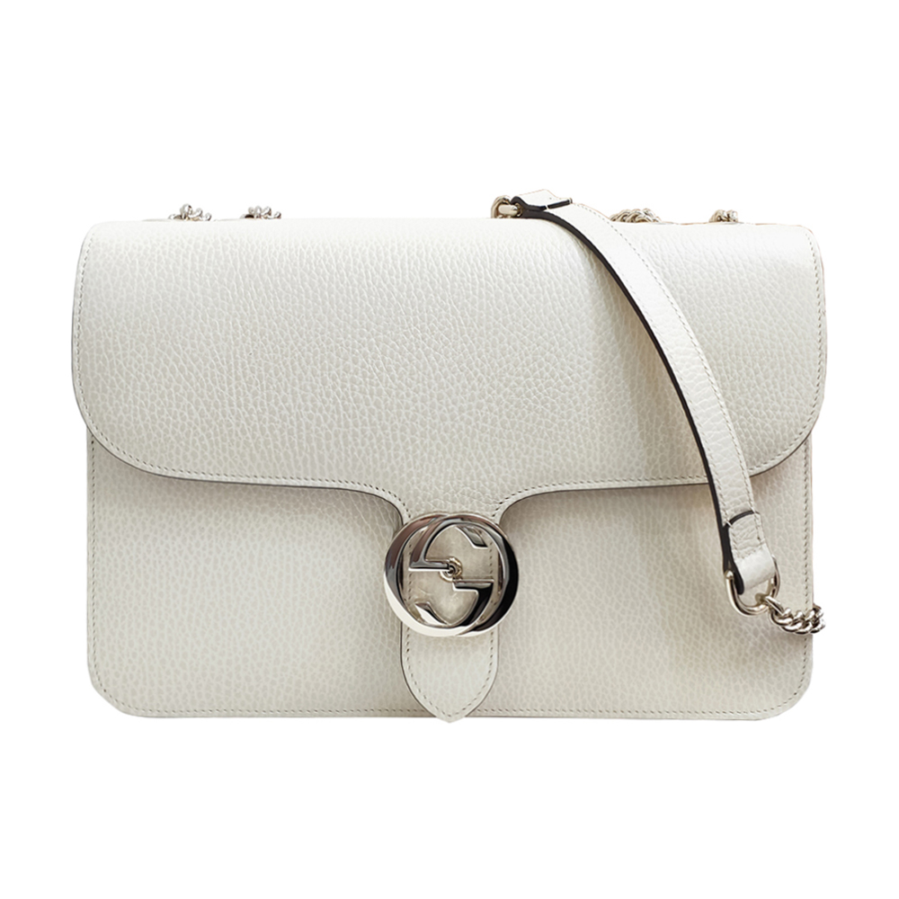 GUCCI 古馳 510303 經典Interlocking系列雙G LOGO全皮革淡金鍊肩背/斜背包(白色)