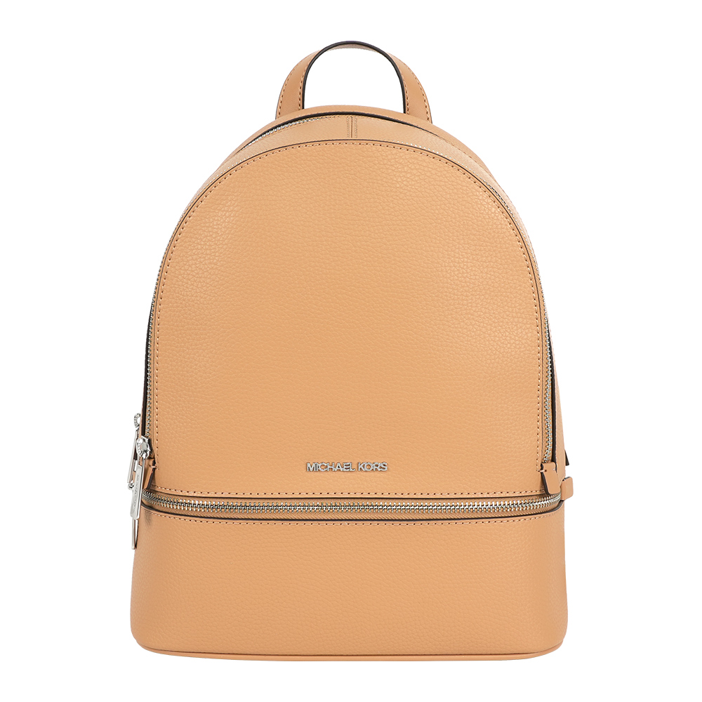 Michael Kors Rhea 銀字粒紋皮革拉鍊中款後背包(花生棕)