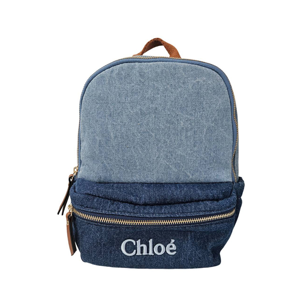 CHLOE 蔻依 童款 經典刺繡LOGO/Woody Nano兩用包/牛仔軟布後背包