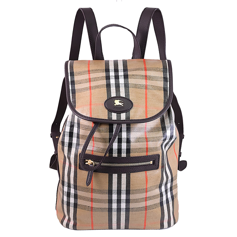 BURBERRY 巴寶莉 戰馬LOGO塗層格紋抽繩後背包.卡其