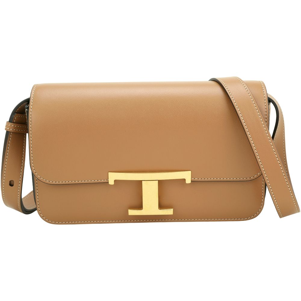 TOD'S Timeless Micro T字金屬按釦光滑牛皮肩 斜背方包(棕色)