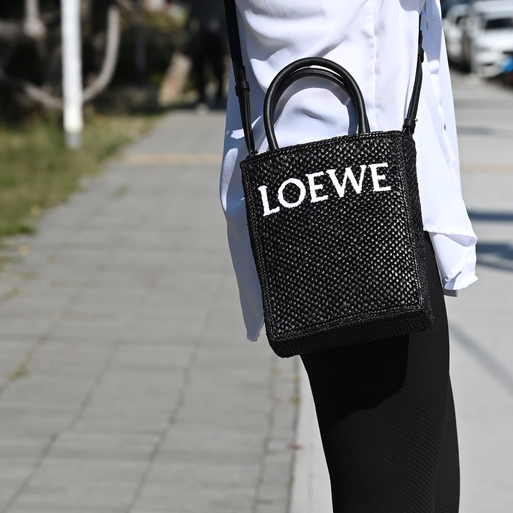 LOEWE 羅威 Standard A5 品牌LOGO渡假風草編手提兩用包.黑