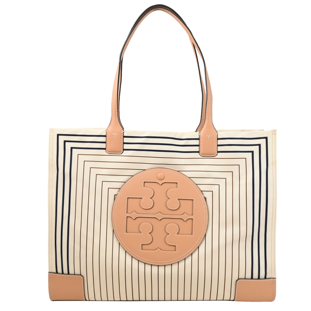 TORY BURCH 方形條紋圖樣皮邊飾大托特包.淺褐邊