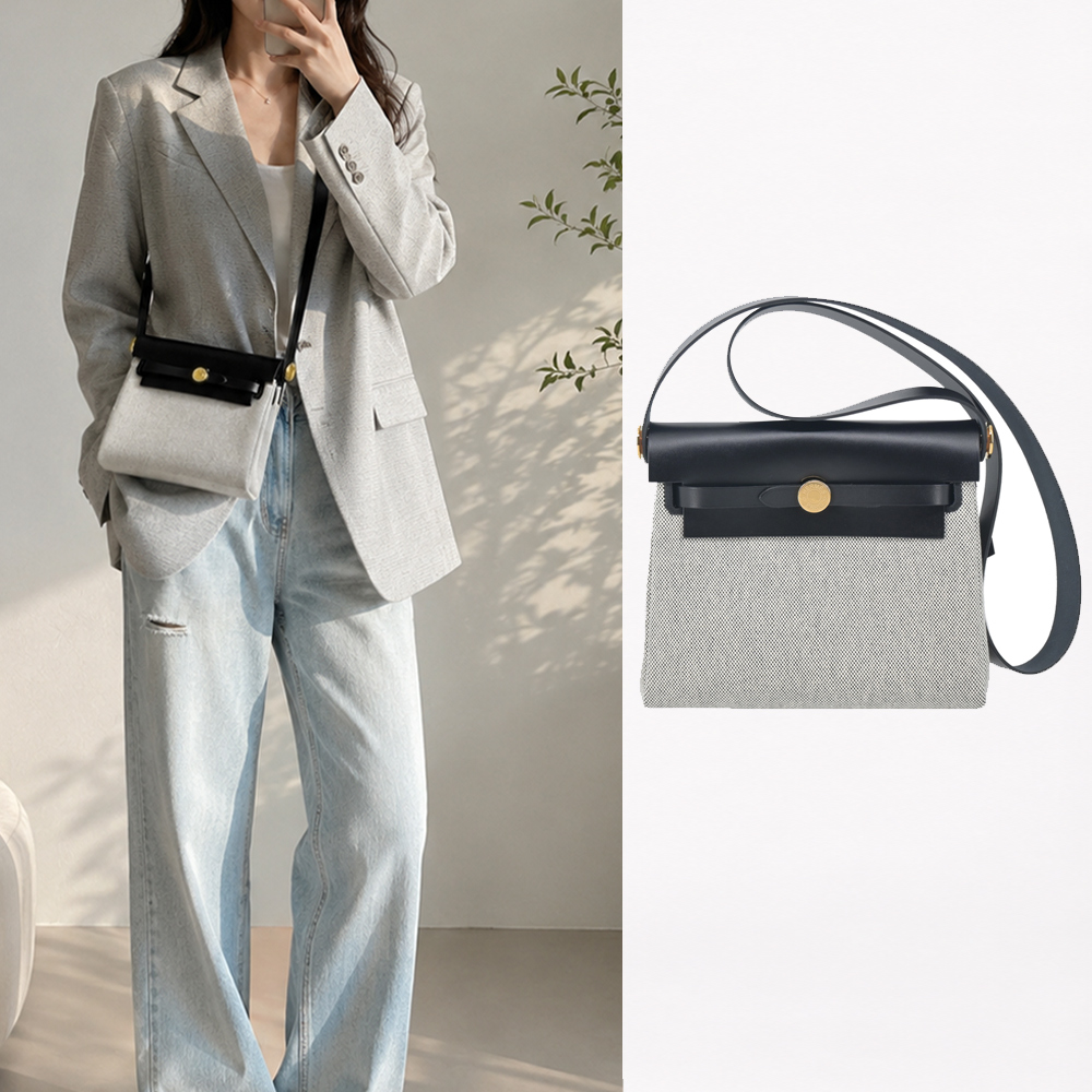 HERMES 愛馬仕 Mini Herbag 20cm 帆布斜背包(AC黑色/W刻/金釦)
