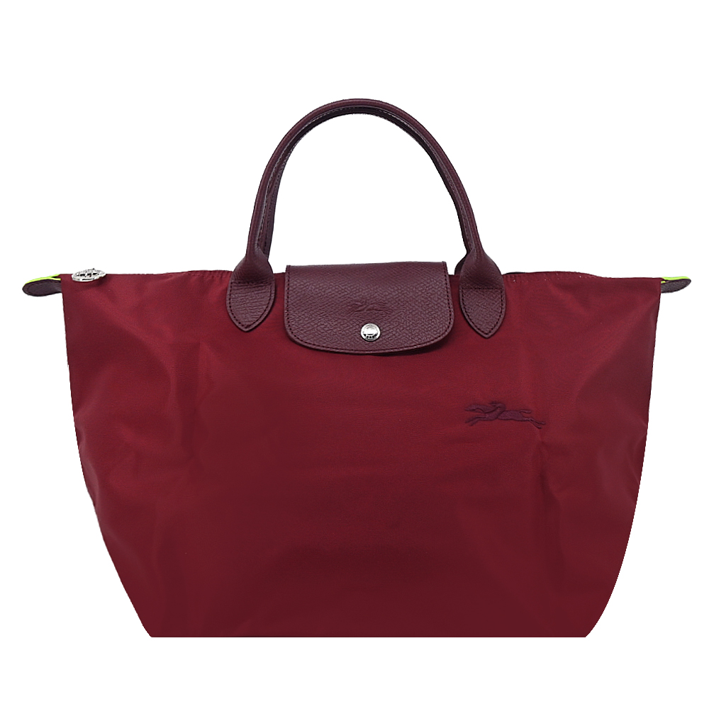 Longchamp LE PLIAGE GREEN系列刺繡短把再生尼龍摺疊水餃包(中/紅石榴)