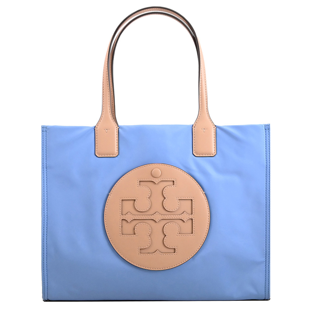 TORY BURCH 撞色LOGO尼龍皮邊飾小號托特包.藍