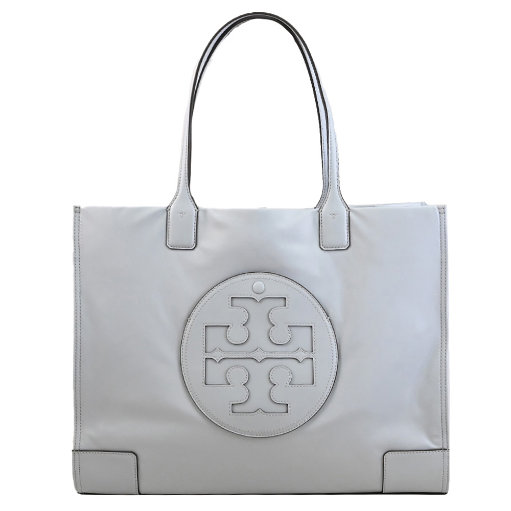 TORY BURCH 經典LOGO尼龍皮邊飾大托特包.淺灰藍