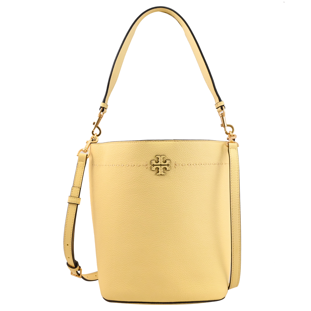 TORY BURCH 經典LOGO荔枝皮革兩用水桶包.淺黃