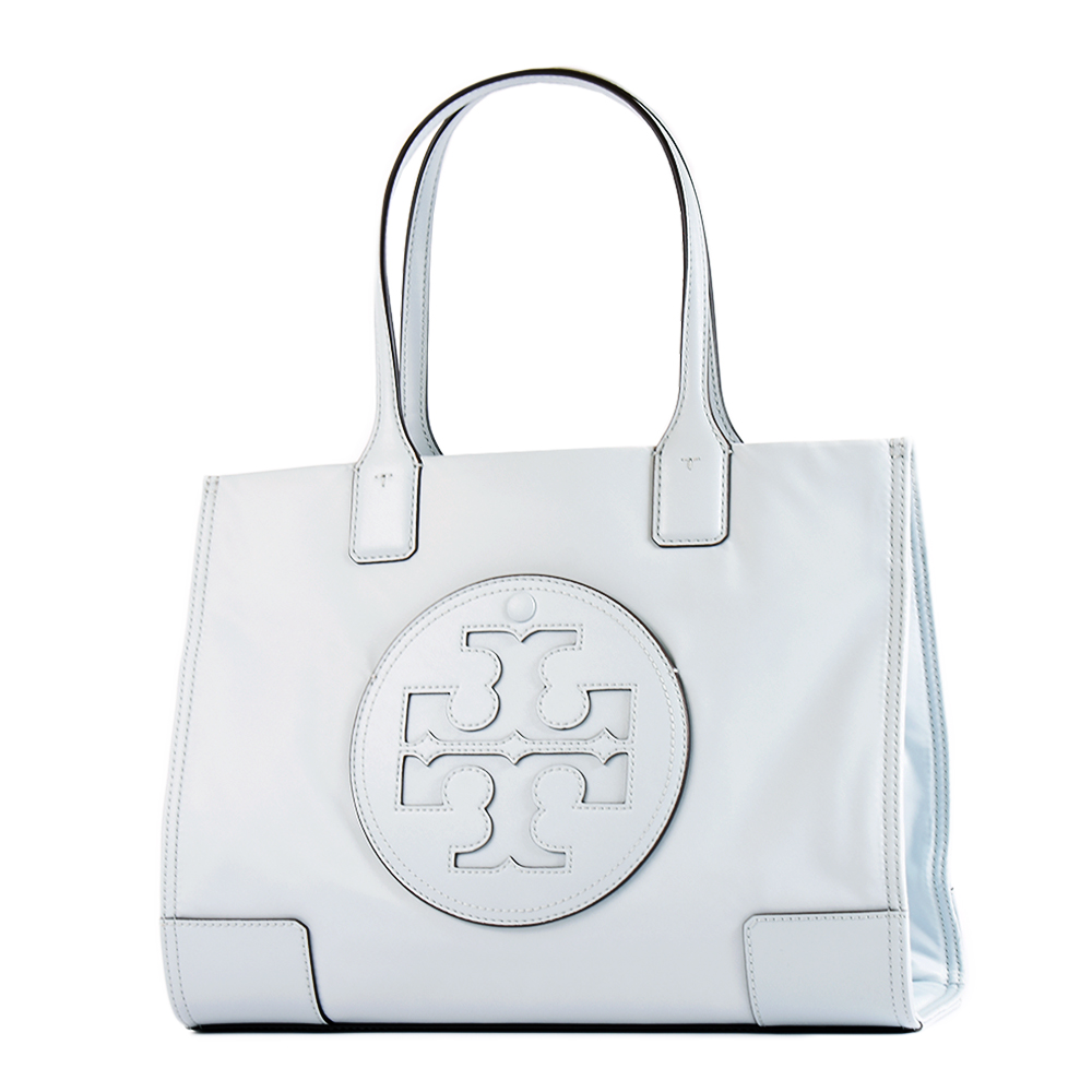 TORY BURCH 專櫃款 ELLA 皮革標尼龍磁吸釦托特包-淡灰藍/小