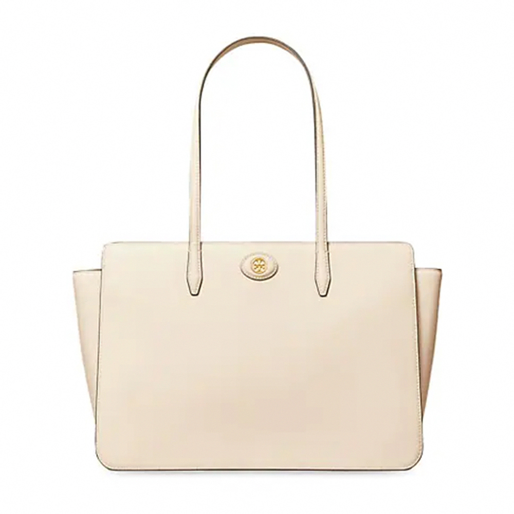 TORY BURCH 素面皮革肩背托特包-奶油白