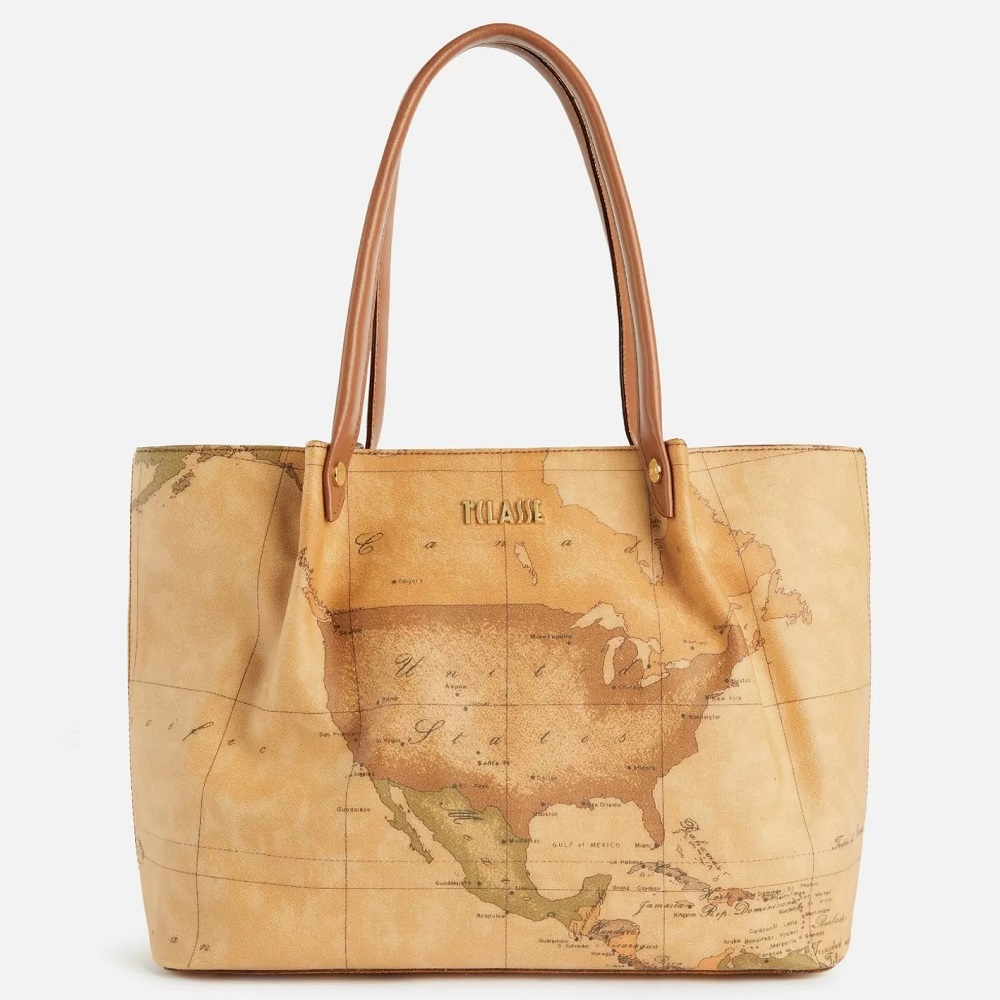 Alviero Martini 【 義大利地圖包】抓皺側揹拉鍊大托特包36cm-地圖黃