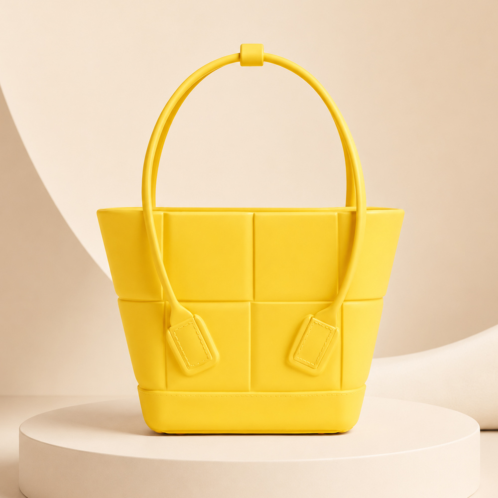 BOTTEGA VENETA 寶緹嘉 691194 經典Arco Rubber系列大格編織橡膠手提小托特包(黃色)