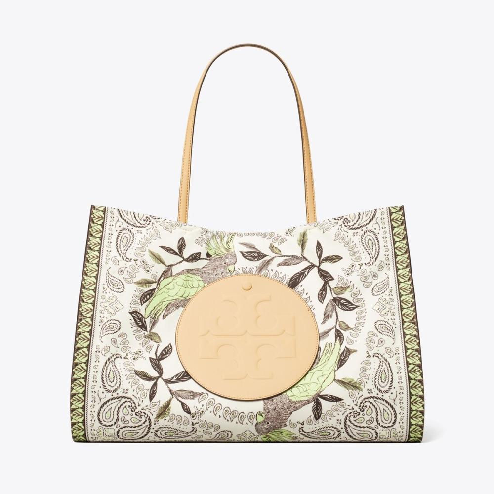 TORY BURCH 專櫃經典款 Ella 中款復古花卉圖騰帆布手提包/托特包