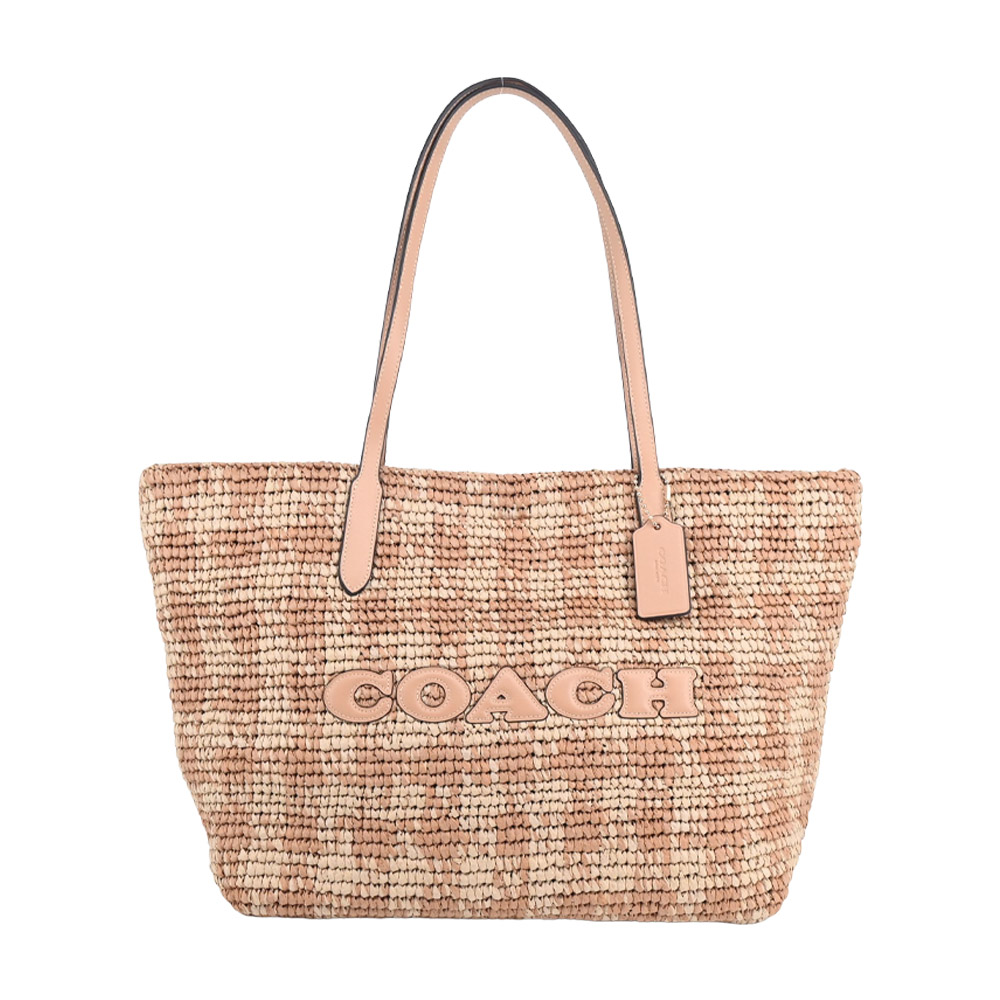 COACH 蔻馳 City系列 經典LOGO大草編托特包(卡其粉)