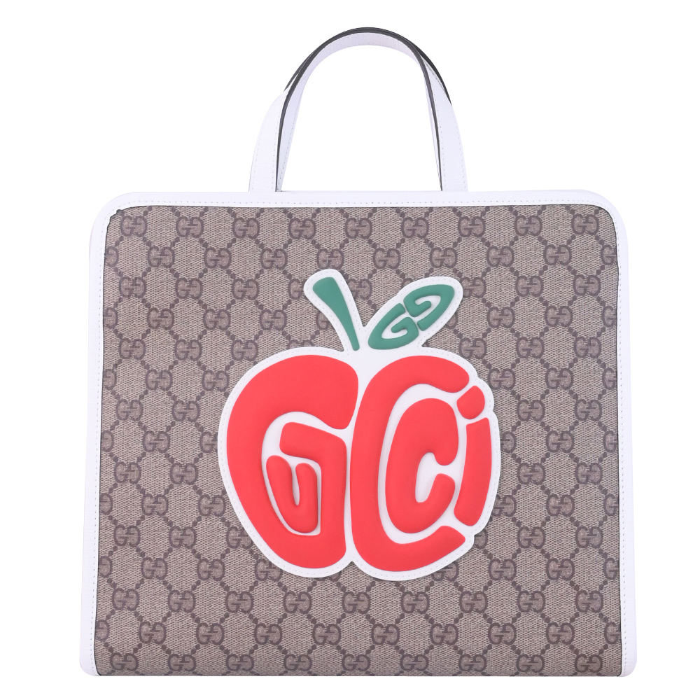 GUCCI 古馳 Childrens Apple 蘋果印花手提托特包.駝/白邊