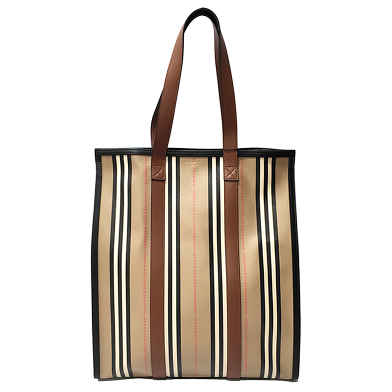 BURBERRY 巴寶莉 80784361 經典LOGO拼條紋帆布豎版托特肩背包(卡其色)