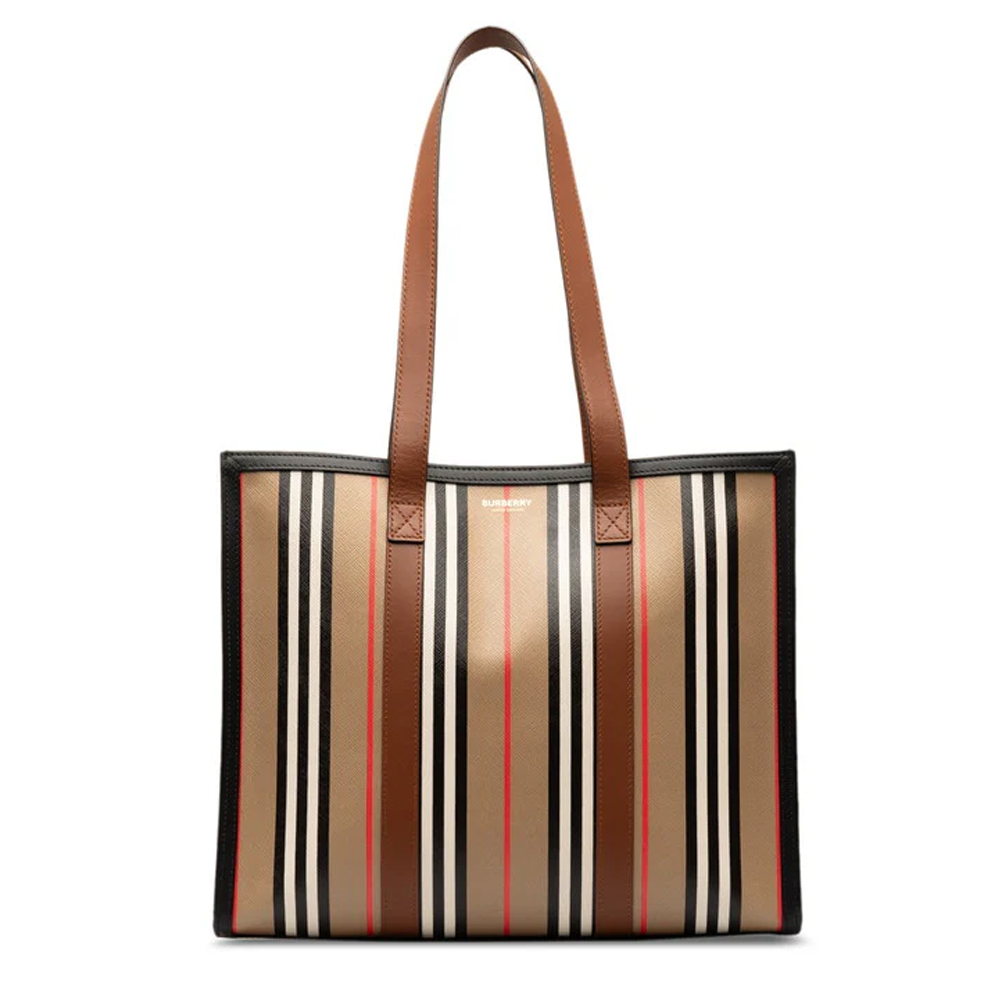 BURBERRY 巴寶莉 80730571 經典LOGO拼條紋帆布托特肩背包(卡其色)(其他規格)