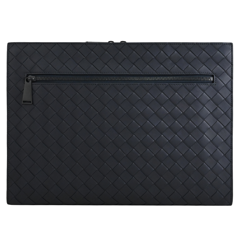 BOTTEGA VENETA 寶緹嘉 經典編織款牛皮拉鍊大手拿包.藍黑