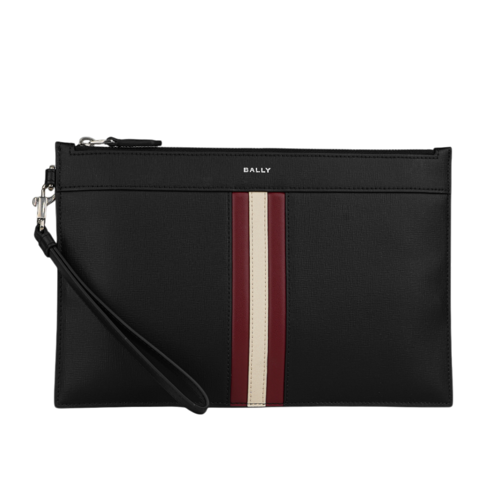 BALLY Mythos 再生牛皮紅白條紋附提把手拿包(黑色)