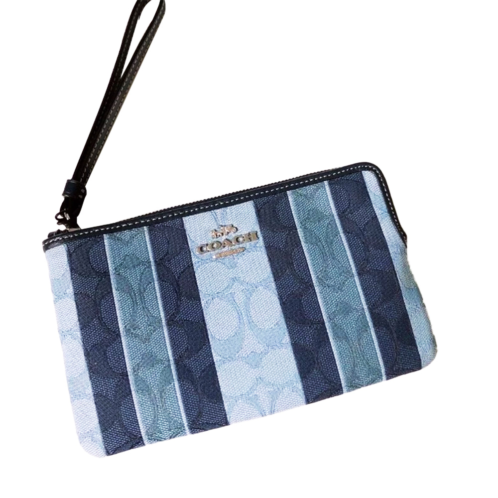 COACH 蔻馳 條紋滿版LOGO皮革手拿包-牛仔丹寧