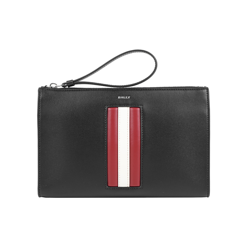 BALLY Mythos 紅白條紋再生厚款手拿包(黑色)