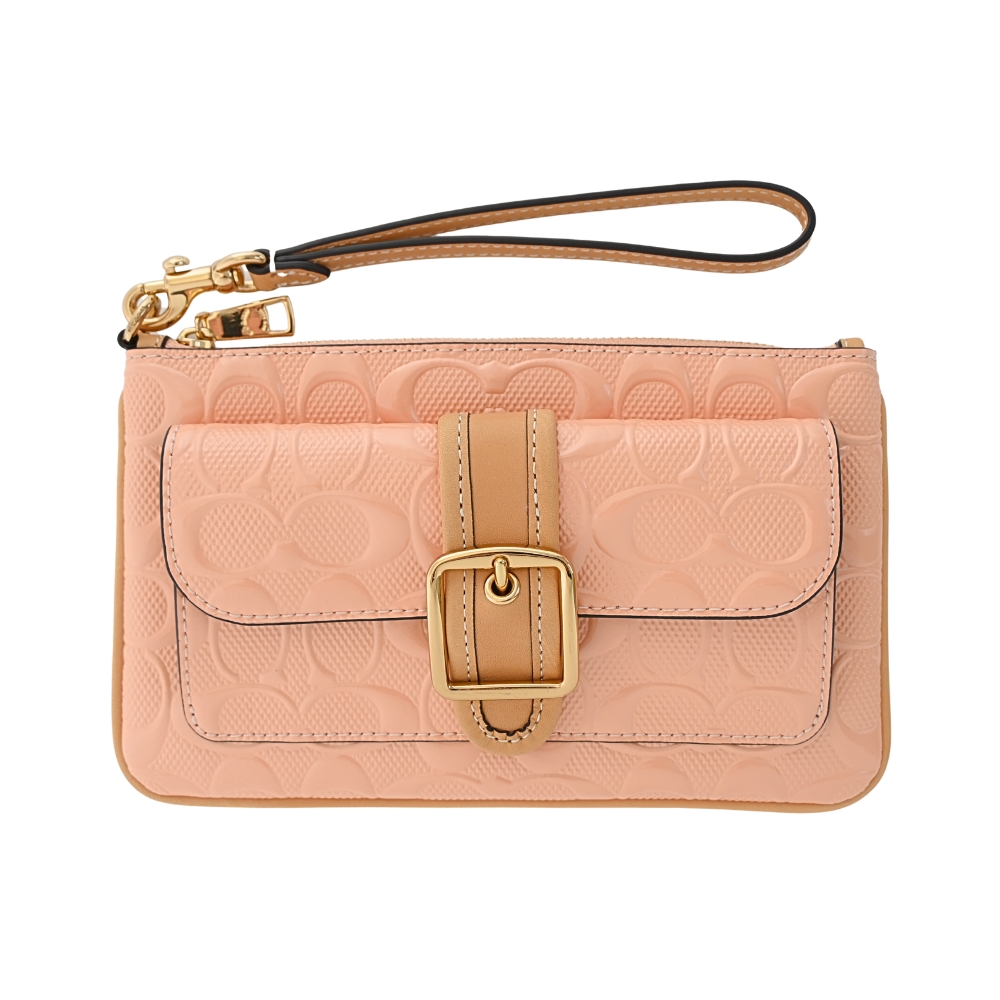 COACH 蔻馳 Ashton 蜜桃橘漆皮浮雕C LOGO拉鍊萬用手拿包