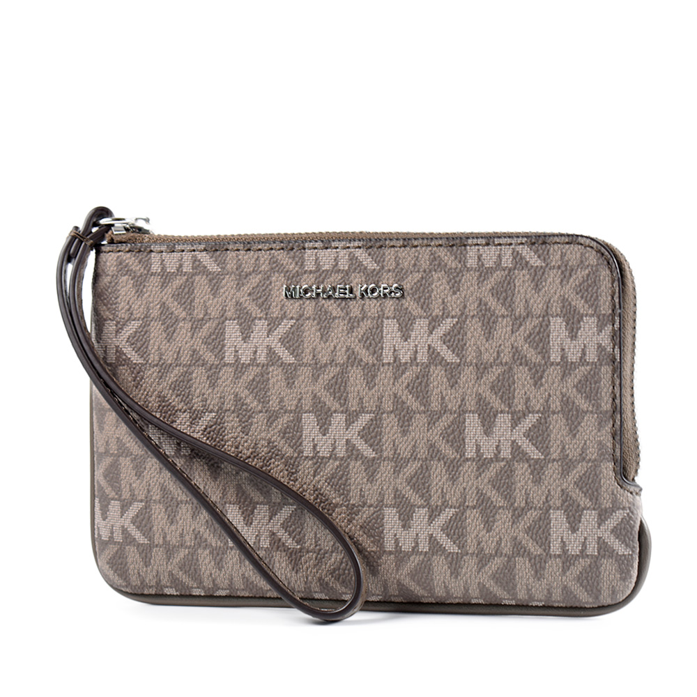 Michael Kors 緹花LOGO防刮手掛L型拉鍊手拿包-可可色