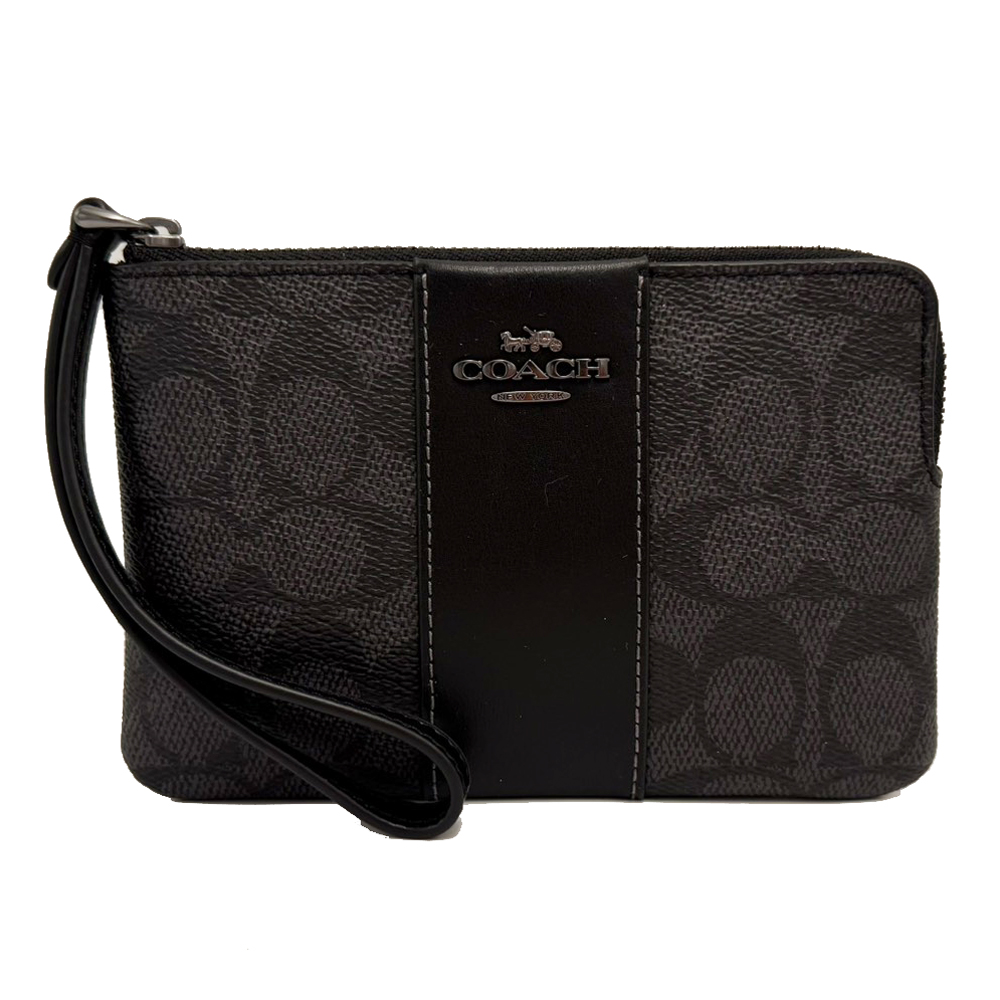 COACH 蔻馳 新款C LOGO直紋手拿/零錢包(黑灰)