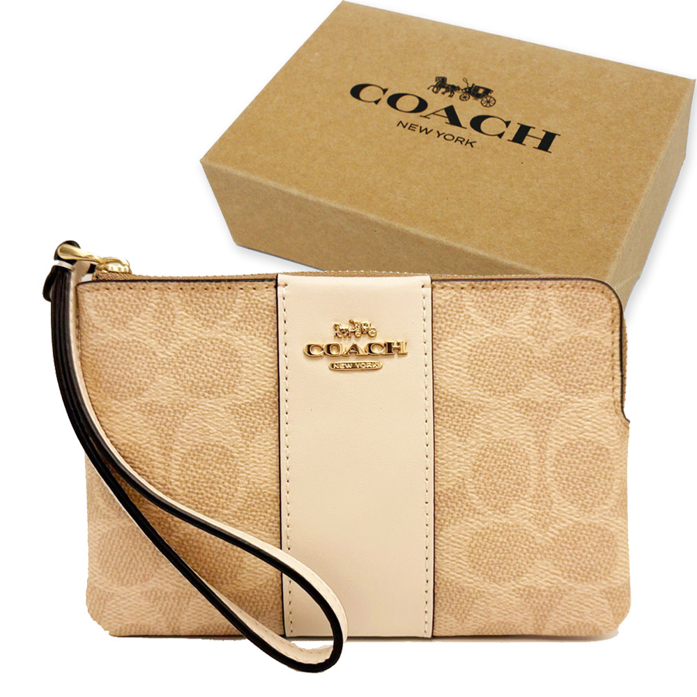COACH 蔻馳 新款立體金屬馬車C LOGO直紋手拿/零錢包禮盒(米白)