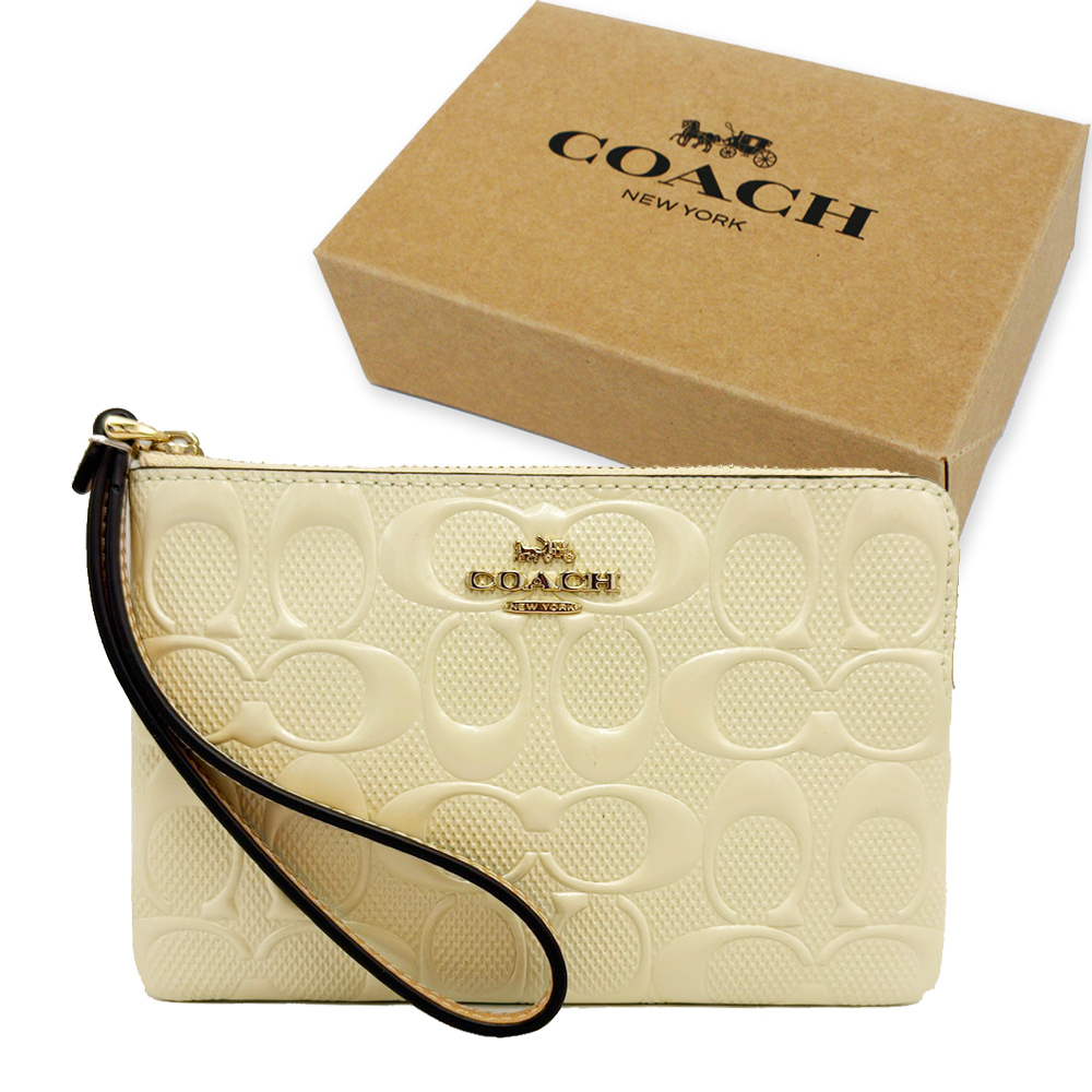 COACH 蔻馳 新款立體金屬馬車漆皮浮雕C手拿包/零錢包禮盒(黃)