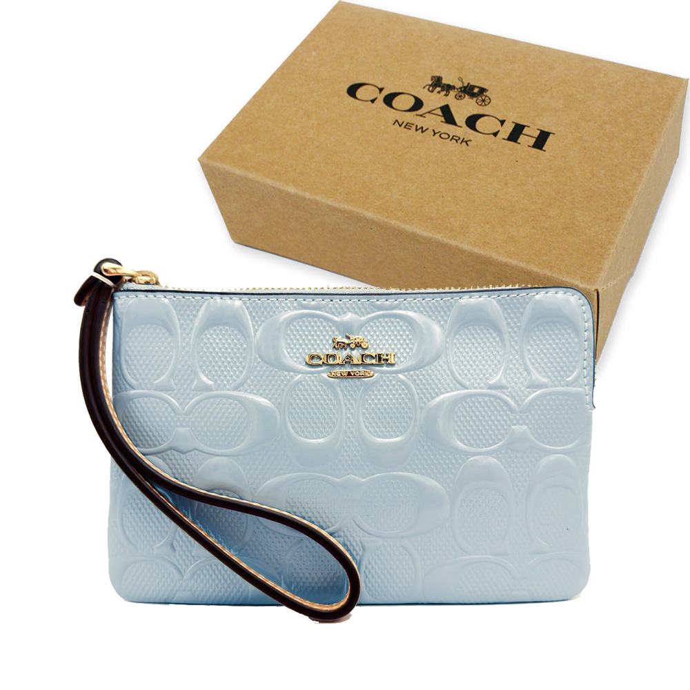 COACH 蔻馳 新款立體金屬馬車漆皮浮雕C手拿包/零錢包禮盒(天藍)
