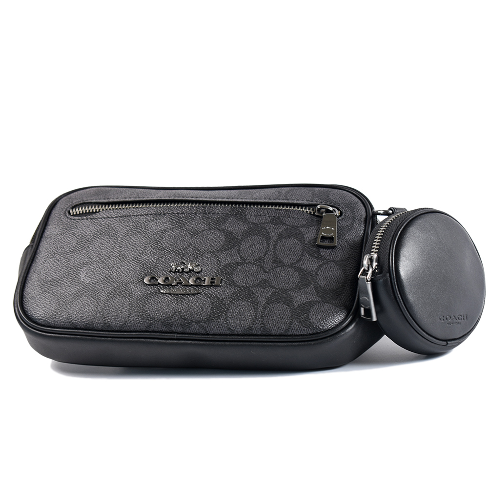 COACH 蔻馳 男款 緹花LOGO防刮拉鍊腰包-灰黑/附零錢包