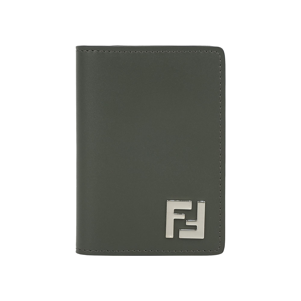FENDI 芬迪 FF Logo 小牛皮及塗層帆布二折卡片夾/名片夾(軍綠色)