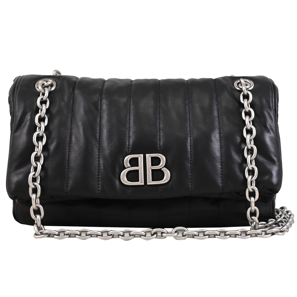 BALENCIAGA 巴黎世家 MONACO BB金屬LOGO牛皮翻蓋鍊包.黑