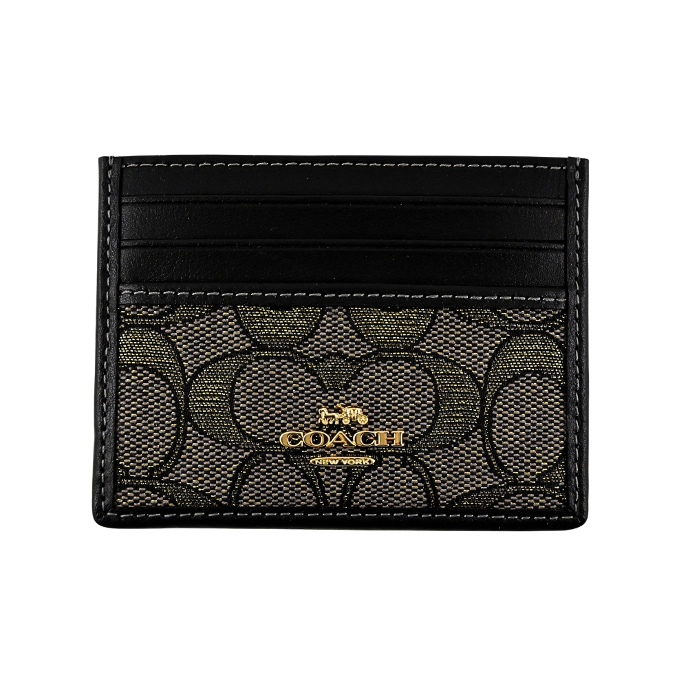 COACH 蔻馳 金銀紗緹花C LOGO拼接黑色素面皮革雙面名片/票卡夾