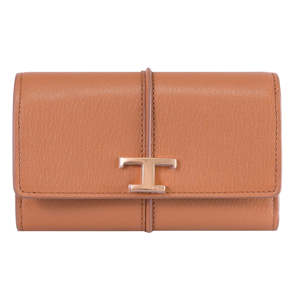 TOD'S T Timeless 金屬LOGO荔枝牛皮三折扣式中夾.棕色
