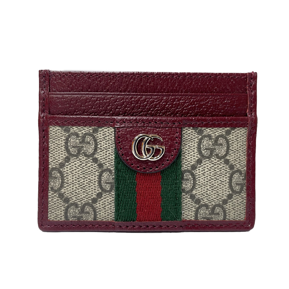 GUCCI 古馳 838486 經典Ophidi系列綠紅綠織帶名片夾/卡夾(酒紅色)