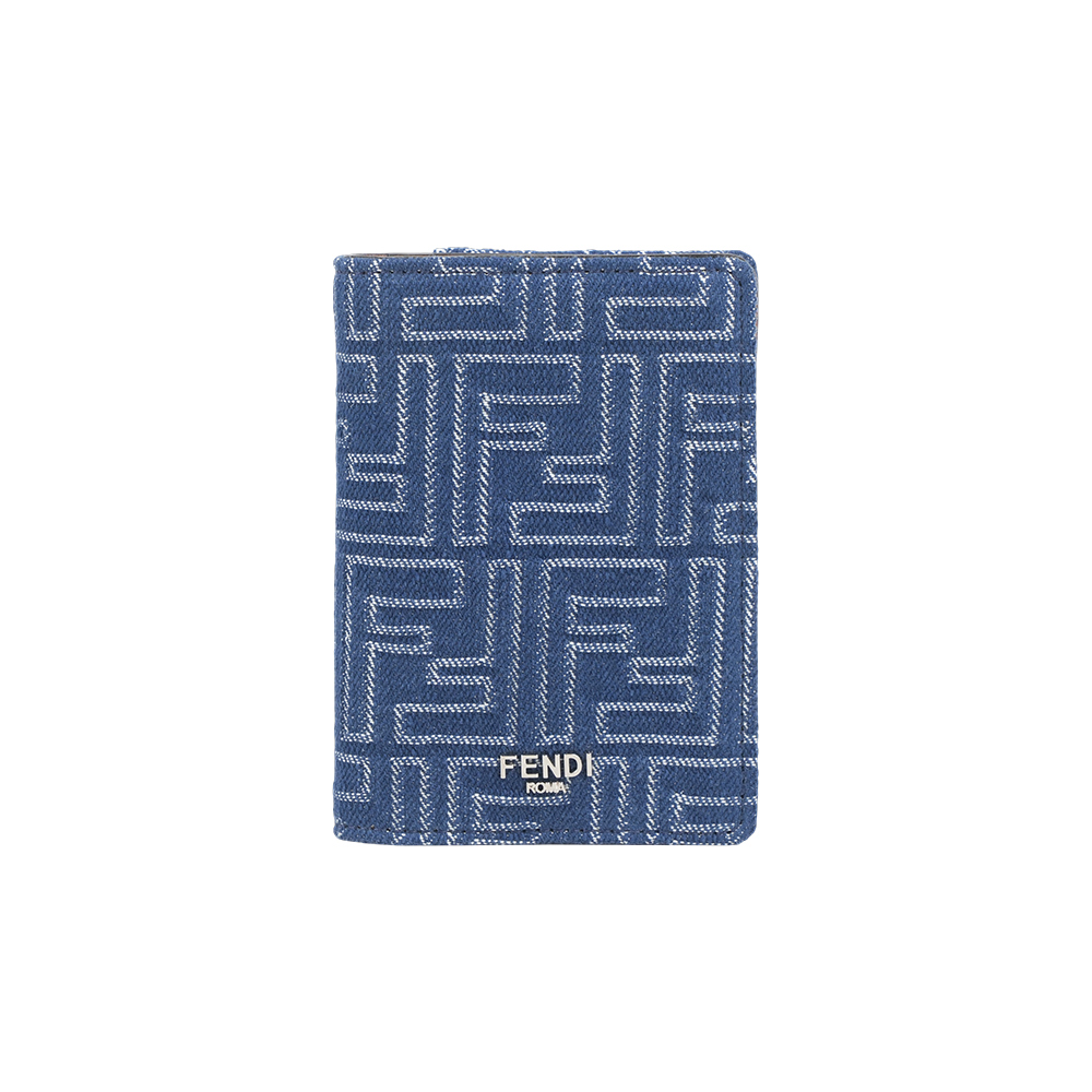 FENDI 芬迪 FF Logo 棉質牛仔布及皮革二折卡片夾/名片夾(單寧藍)