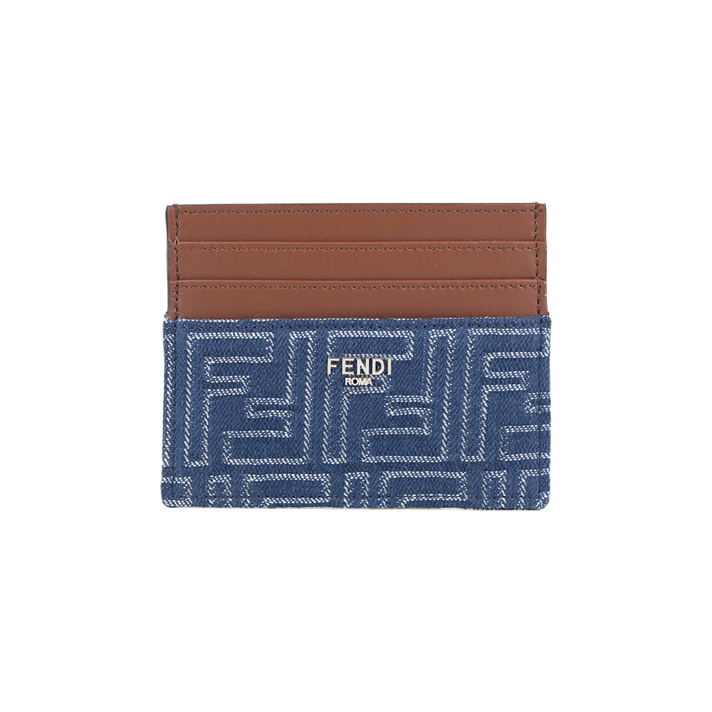 FENDI 芬迪 FF Logo 棉質牛仔布及皮革6卡名片夾/卡片夾(單寧藍)