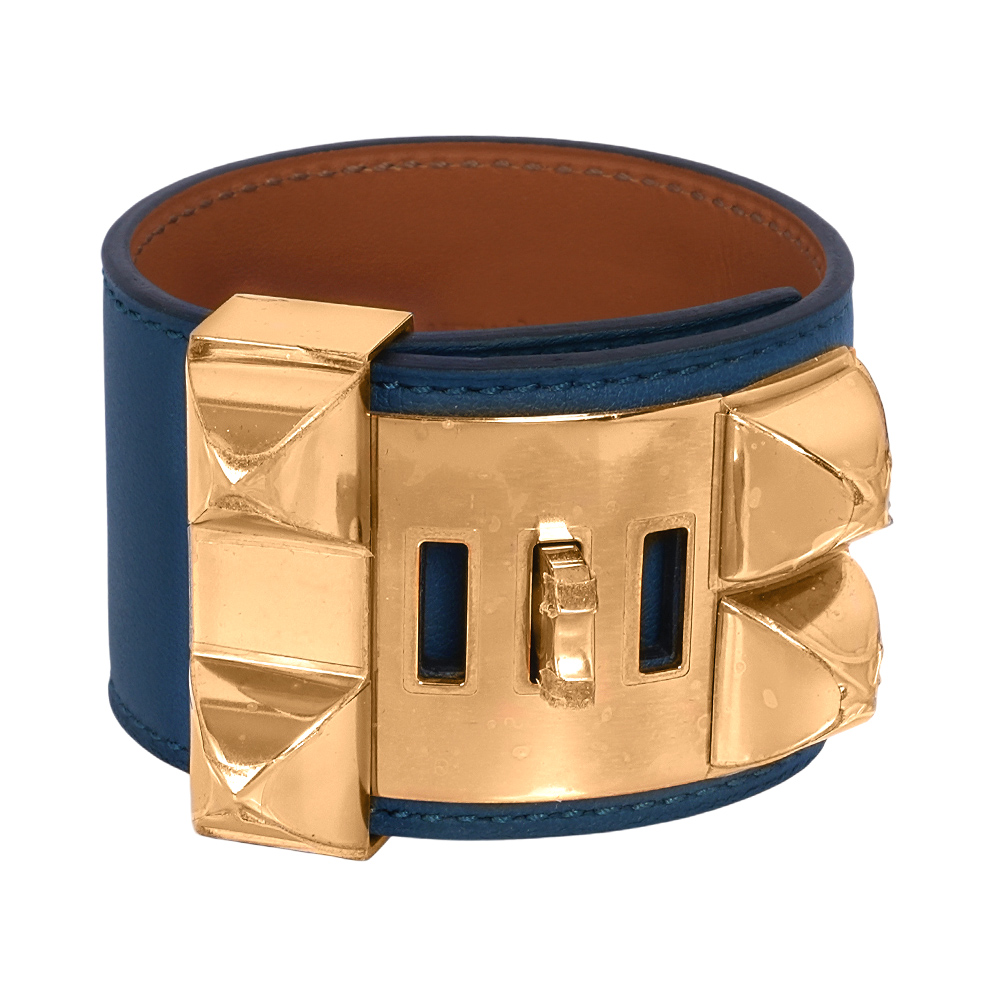 HERMES 愛馬仕 霧面小牛皮 鉚釘金釦CDC手環 (S)(藍色)_展示品