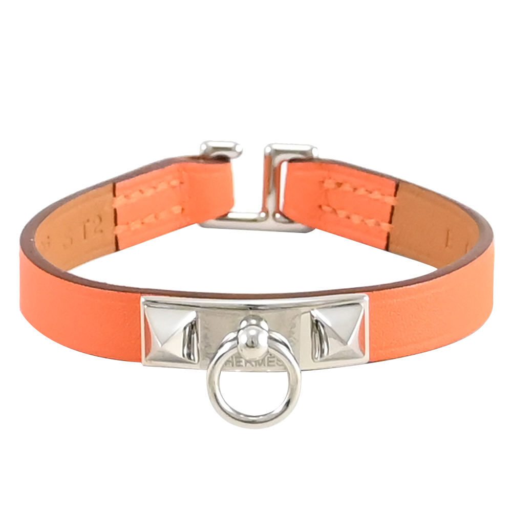 HERMES 愛馬仕 Rivale Mini 經典鉚釘圓環皮手環.橘/銀
